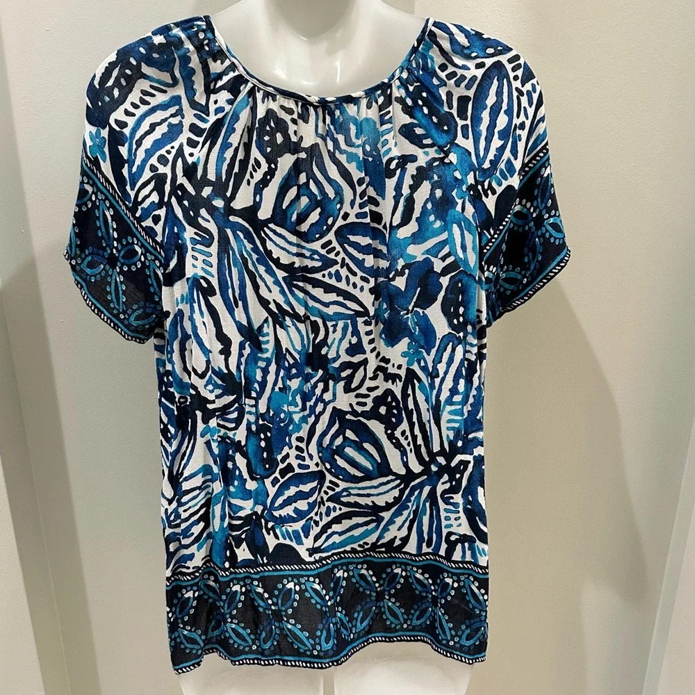 Lucky Brand Short Sleeve Boho Top Blue & White Size Medium - Picture 5 of 10